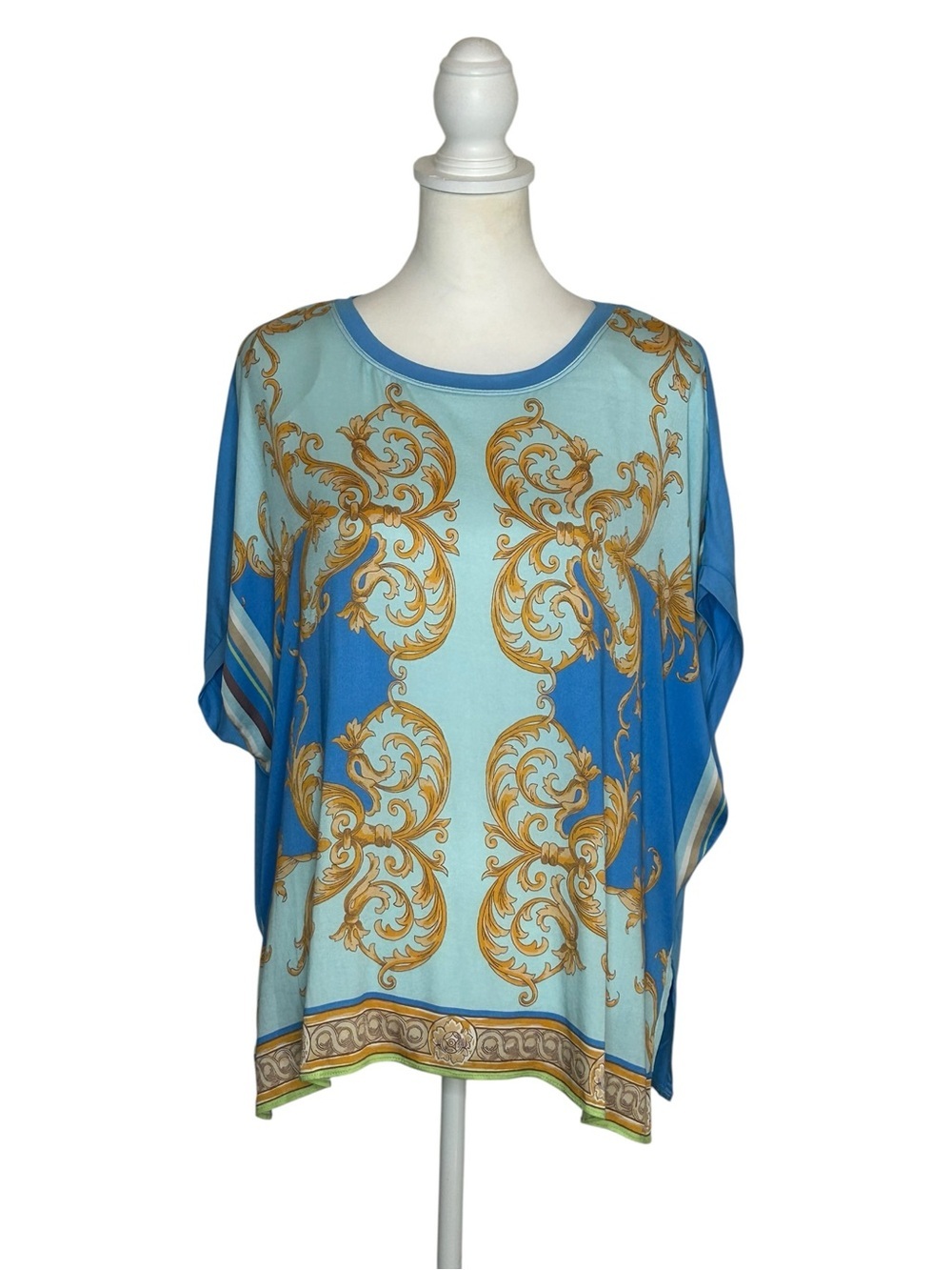 Hale Bob Blue Gold Printed Tunic Top NWT Baroque Pattern Sz L Resortwear Boho